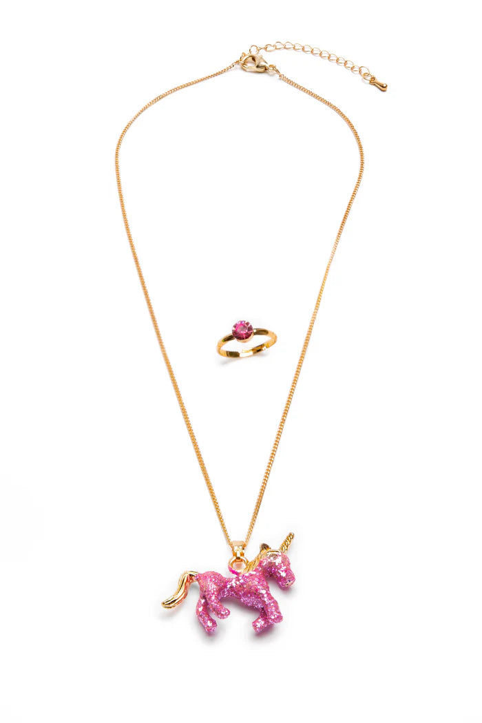 Glitter Pink Unicorn Necklace and Ring