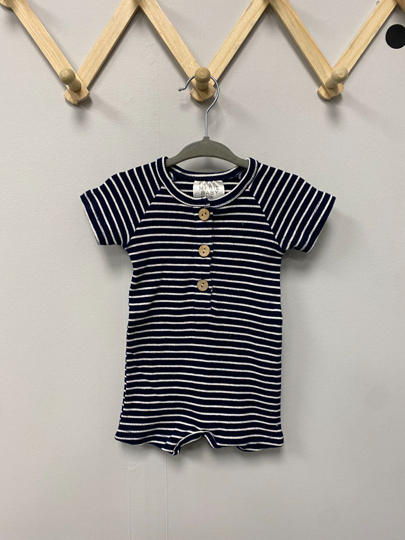 Navy Blue Mebie Baby Striped Romper, 0-3M