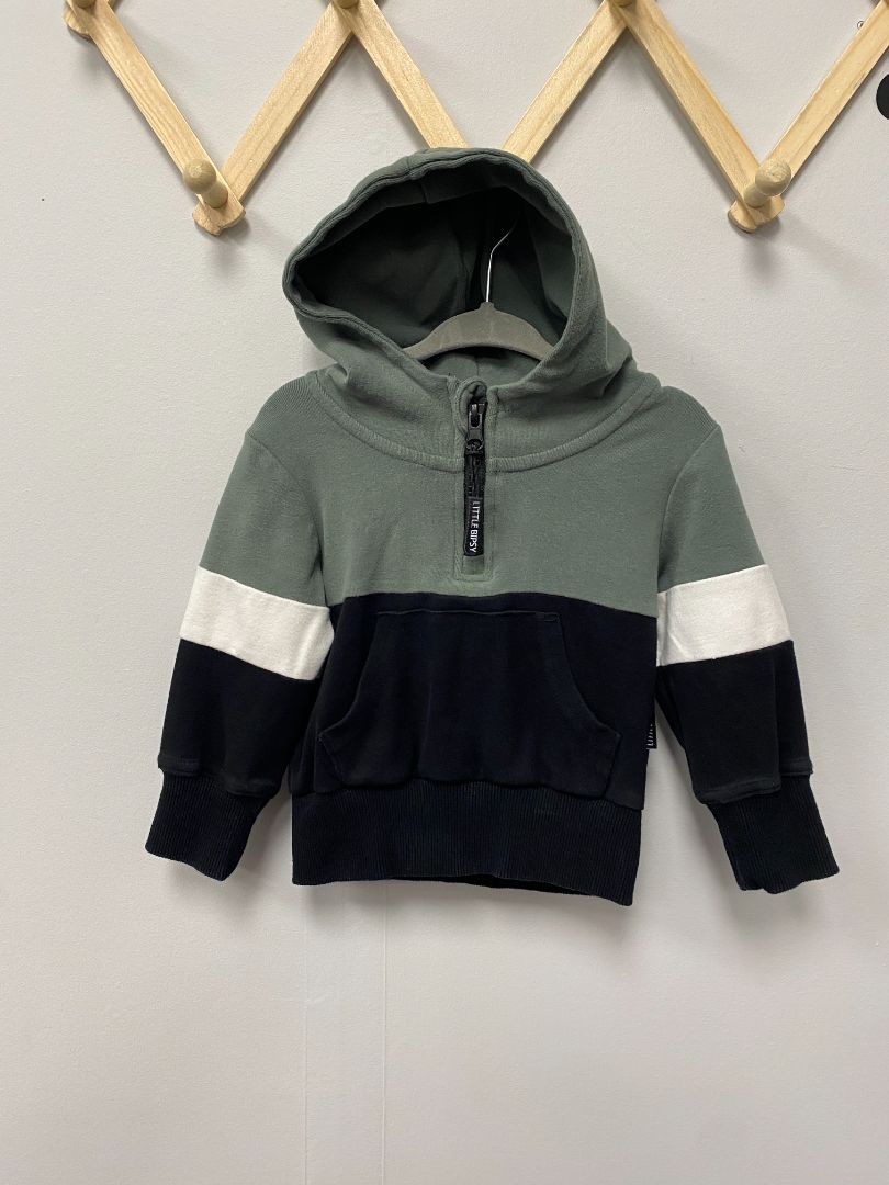 Green + Black + White Little Bipsy Zip-up Sweater, 6-12M