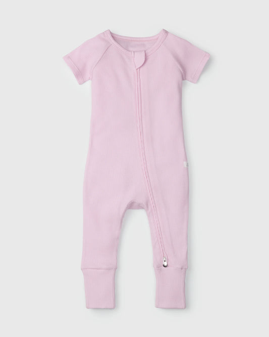 Waffle Short Sleeve Zipped Romper - Lilac